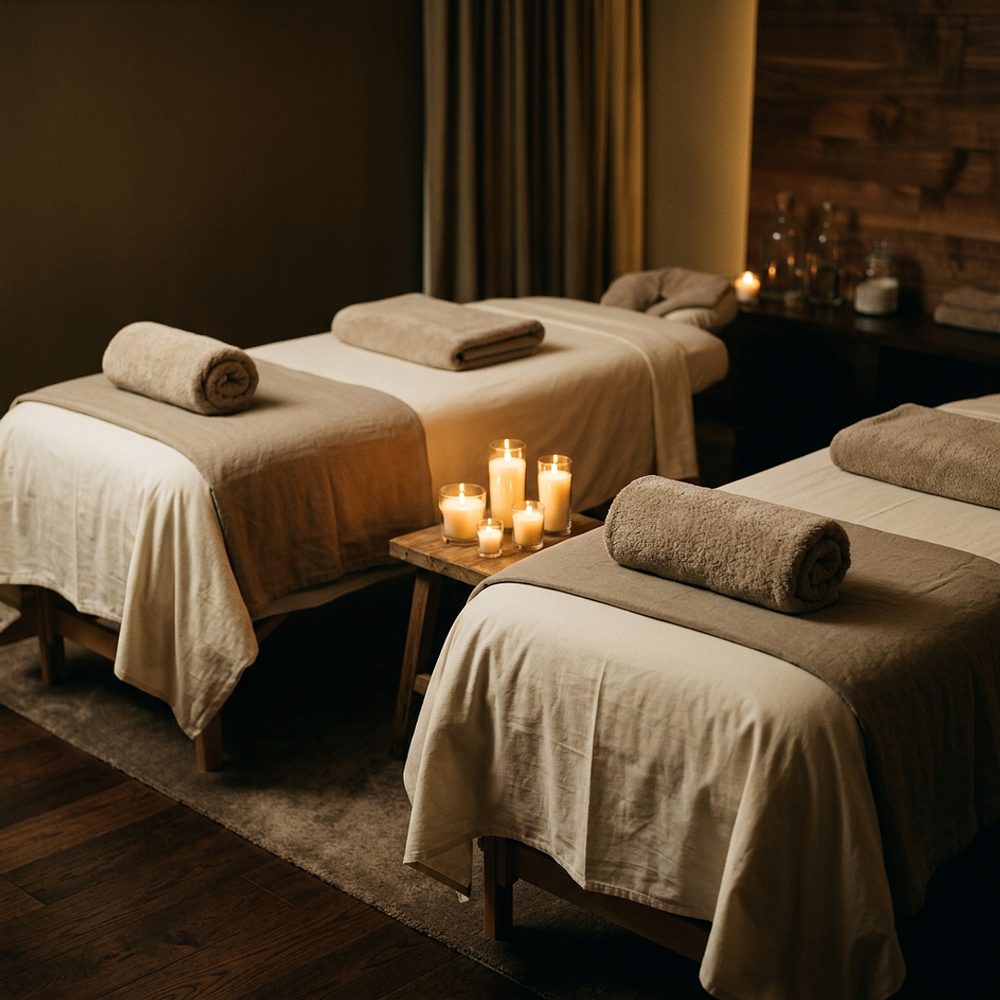 Two side-by-side massage tables with taupe linens and candlelight, set for a couples massage date night in Greenville NC