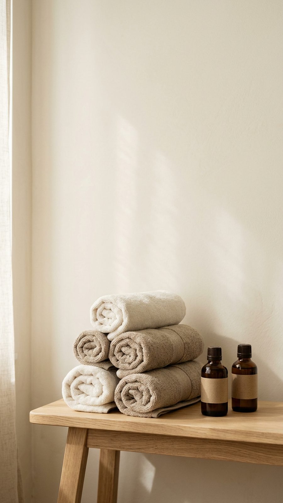 Rolled cream and taupe towels with amber massage-oil bottles on a wooden bench in soft morning light